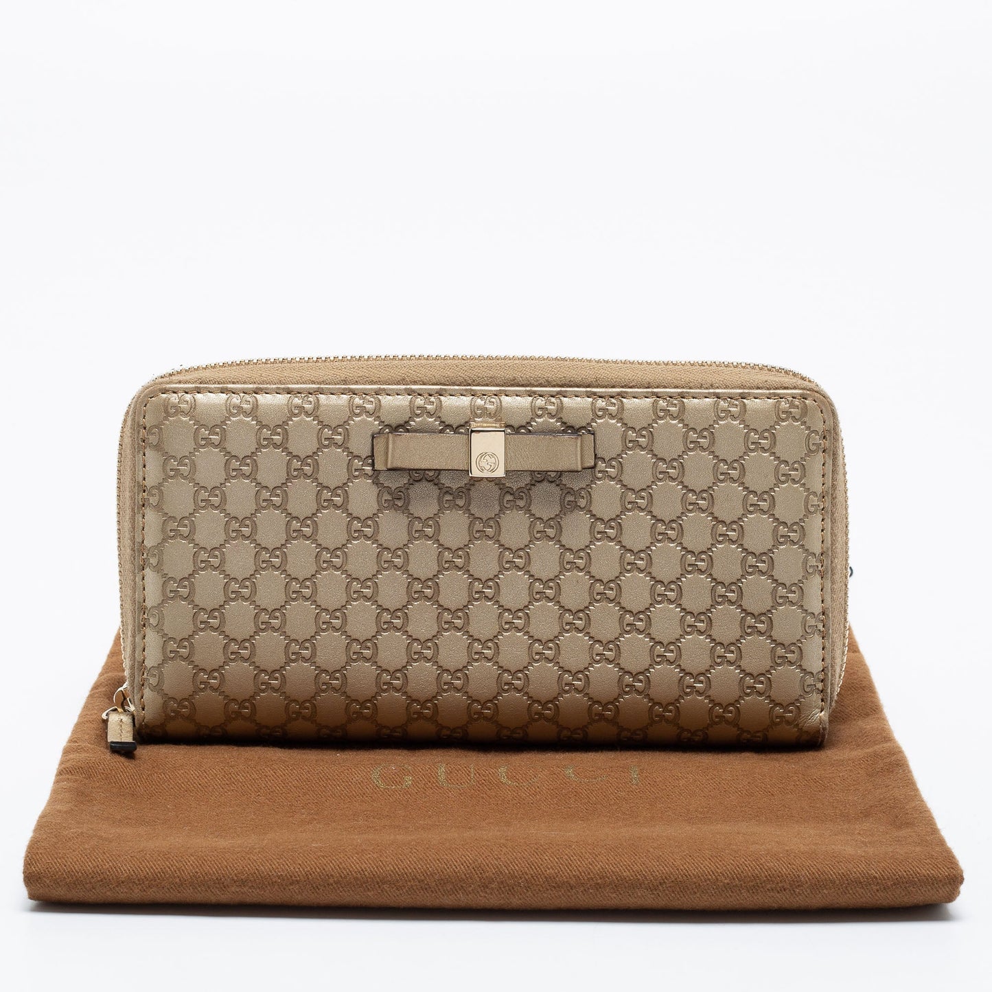 Gucci Metallic Beige Microguccissima Leather Bow Zip Around Wallet