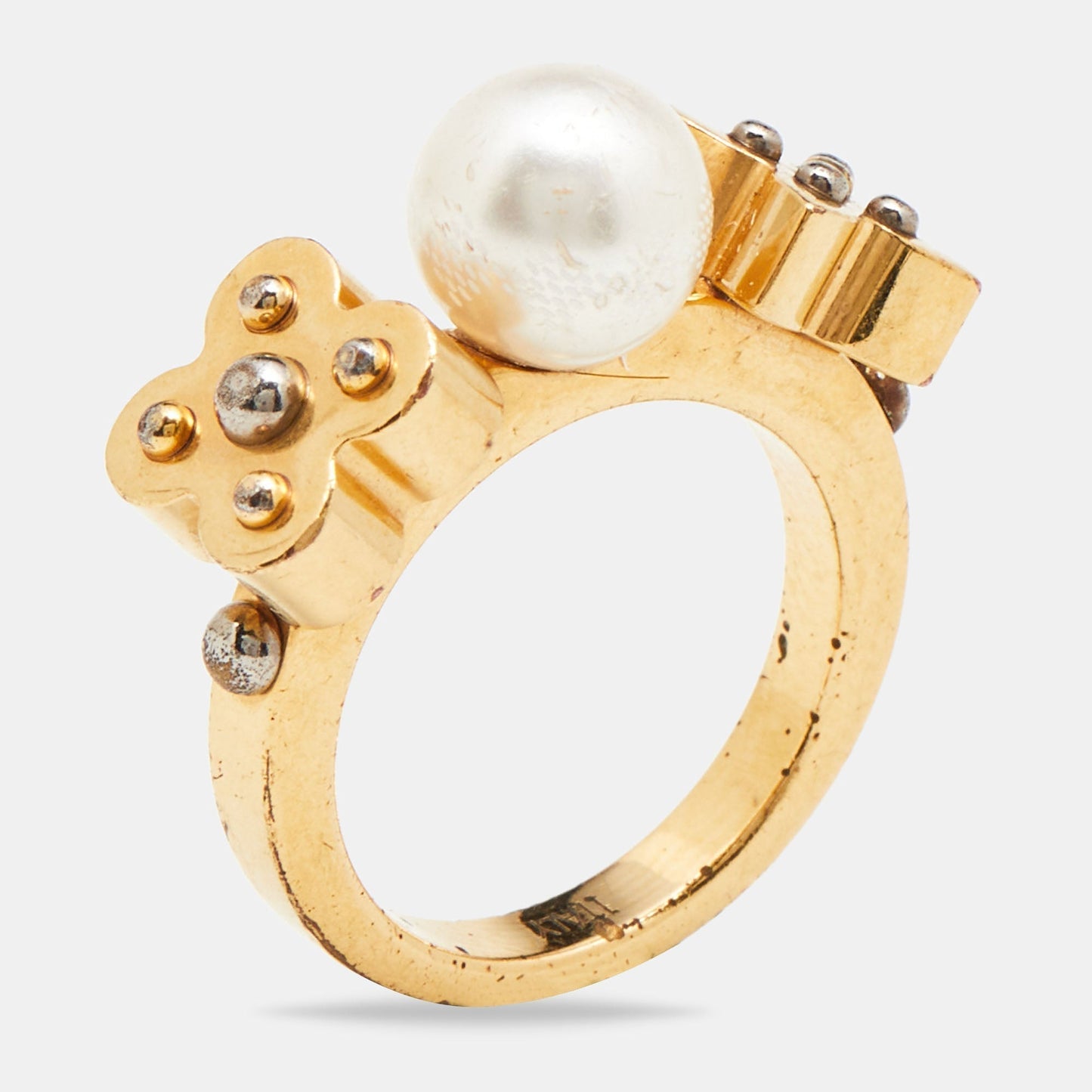 LOUIS VUITTON Gold Tone Monogram Faux Pearl Ring S