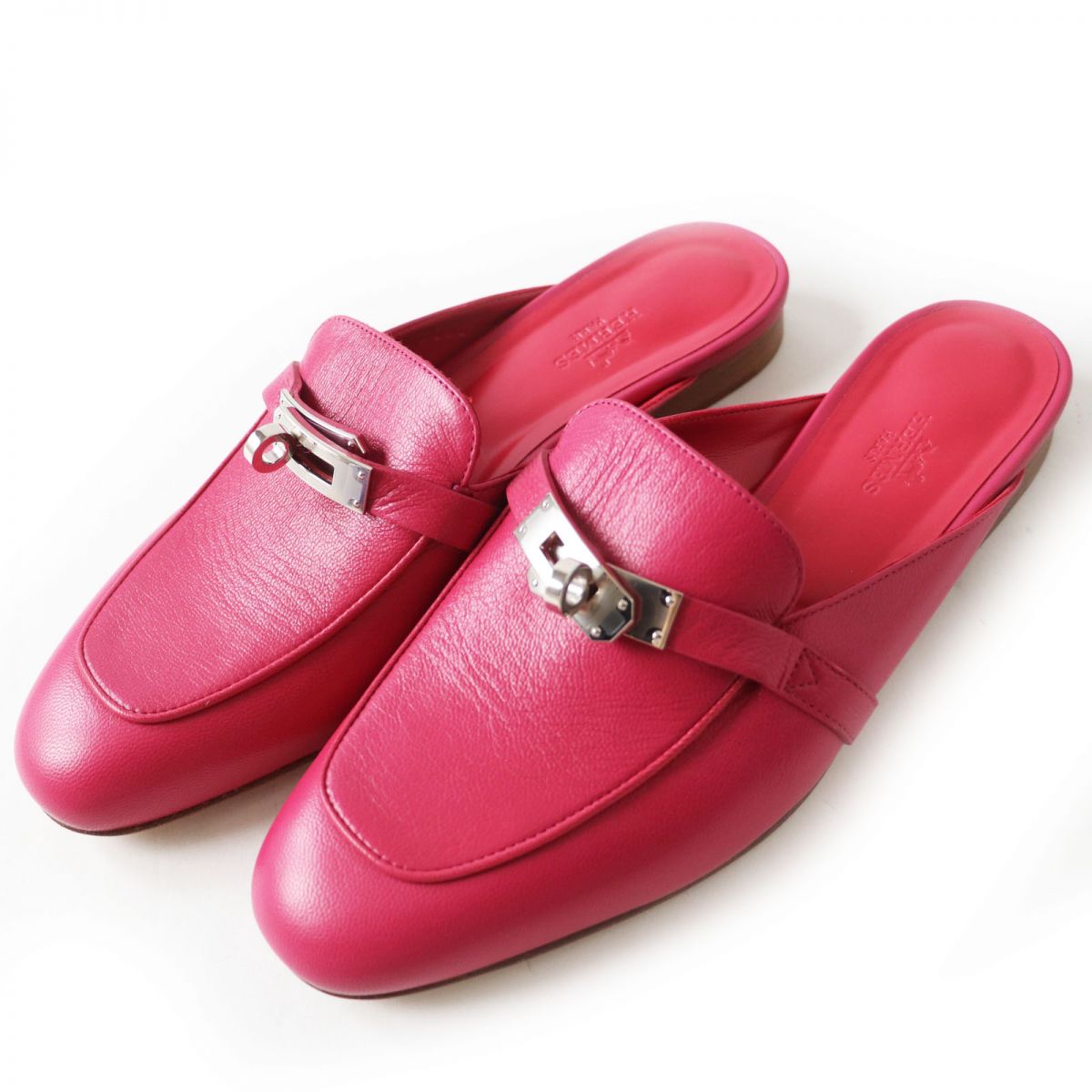HERMES Mule leather shocking pink SilverMetal 37 1/2