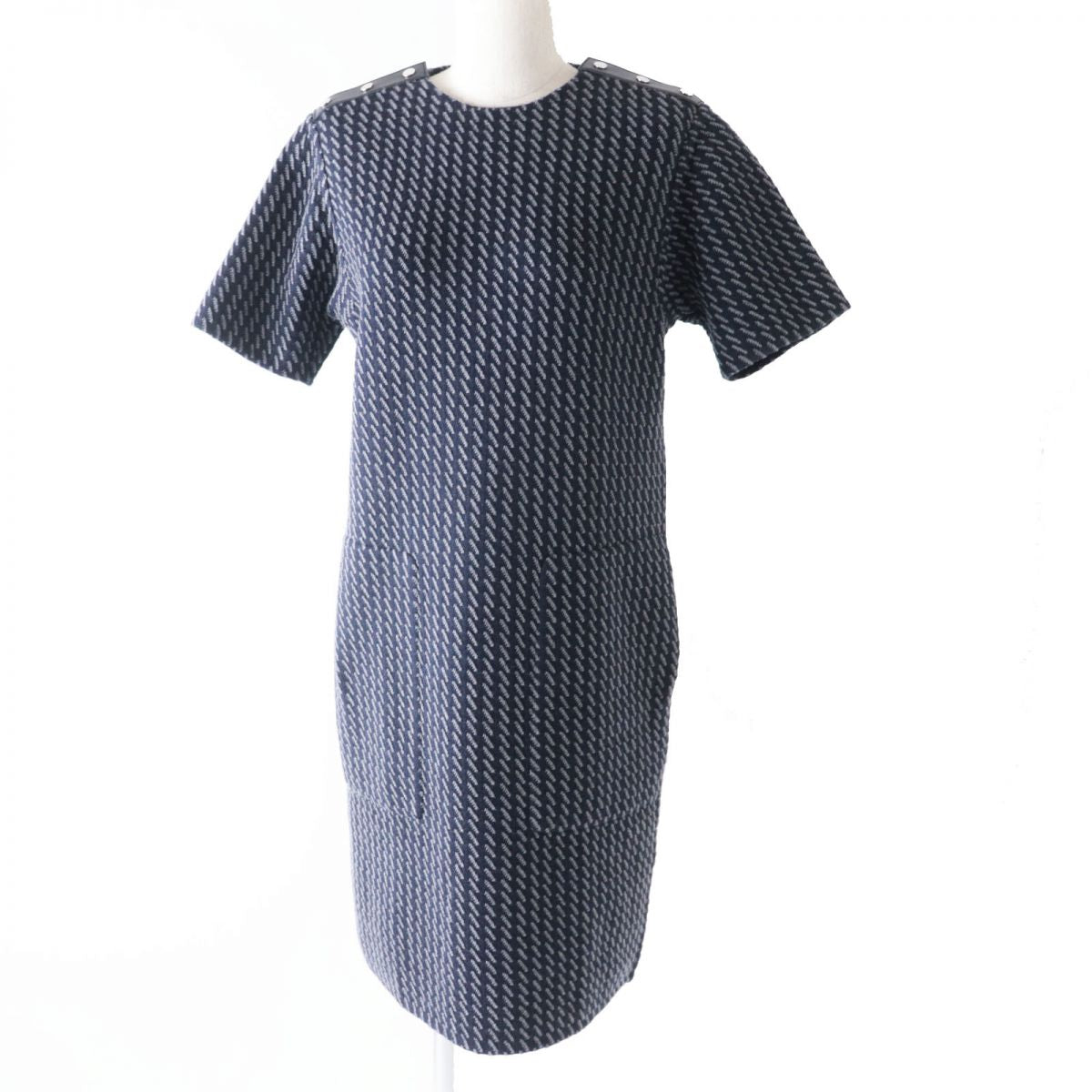 HERMES one piece Main: 99% wool, Main: 1% nylon, Part: Lamb leather Navy x Gray All-over Pattern Women 36 Used