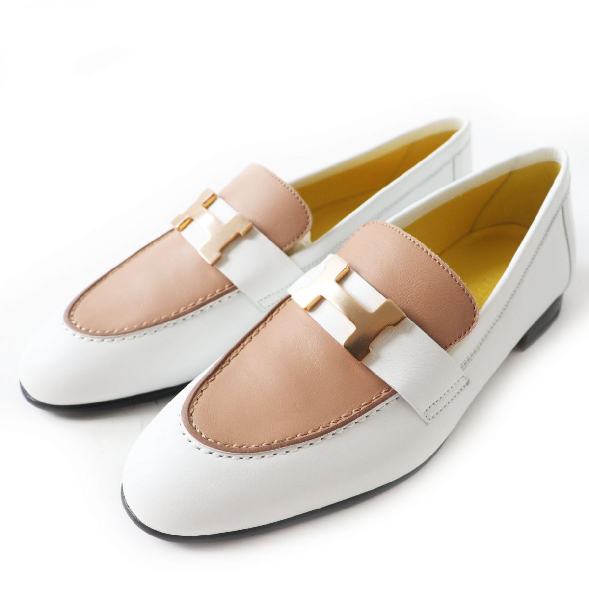 HERMES loafers Main: Leather White x beige x gold Metal Women 35 Used