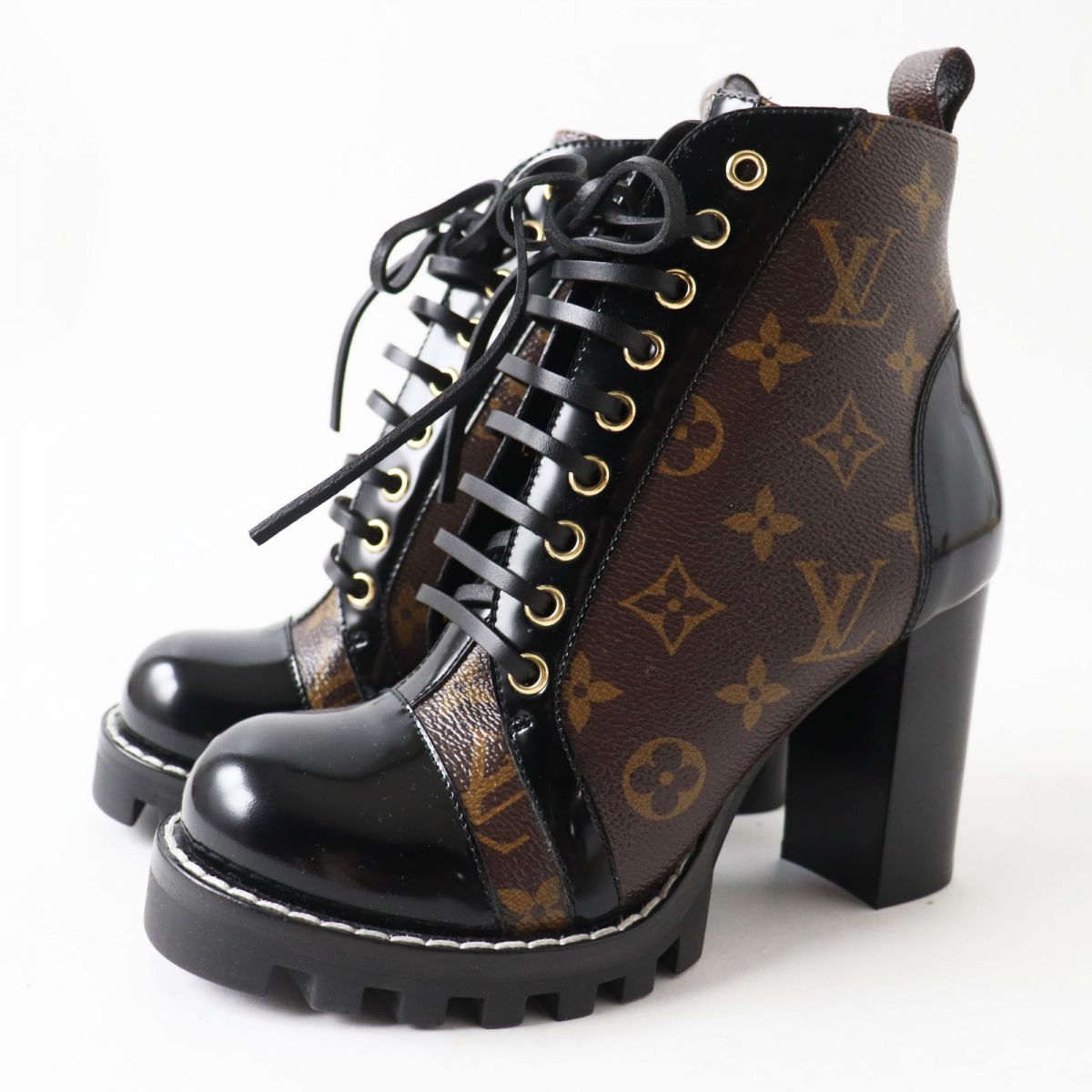 LOUIS VUITTON boots Patent leather Black x Brown (Monogram Pattern) 37