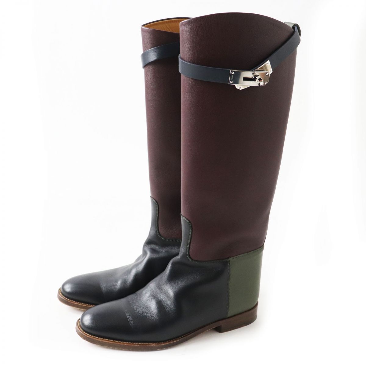 HERMES boots Main: Leather, Part: Kelly Metal Bordeaux x Khaki x Black (color scheme design) Women 36 Used
