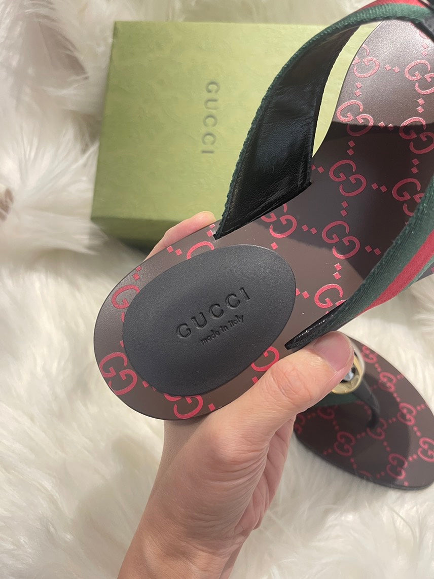 Gucci Lifford Flat Sandals Red Green Monogram Sandals