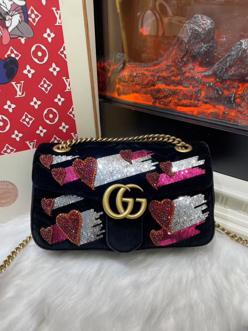 Gucci GG Marmont Small Shoulder Bag in Black Suede with Heart Pattern