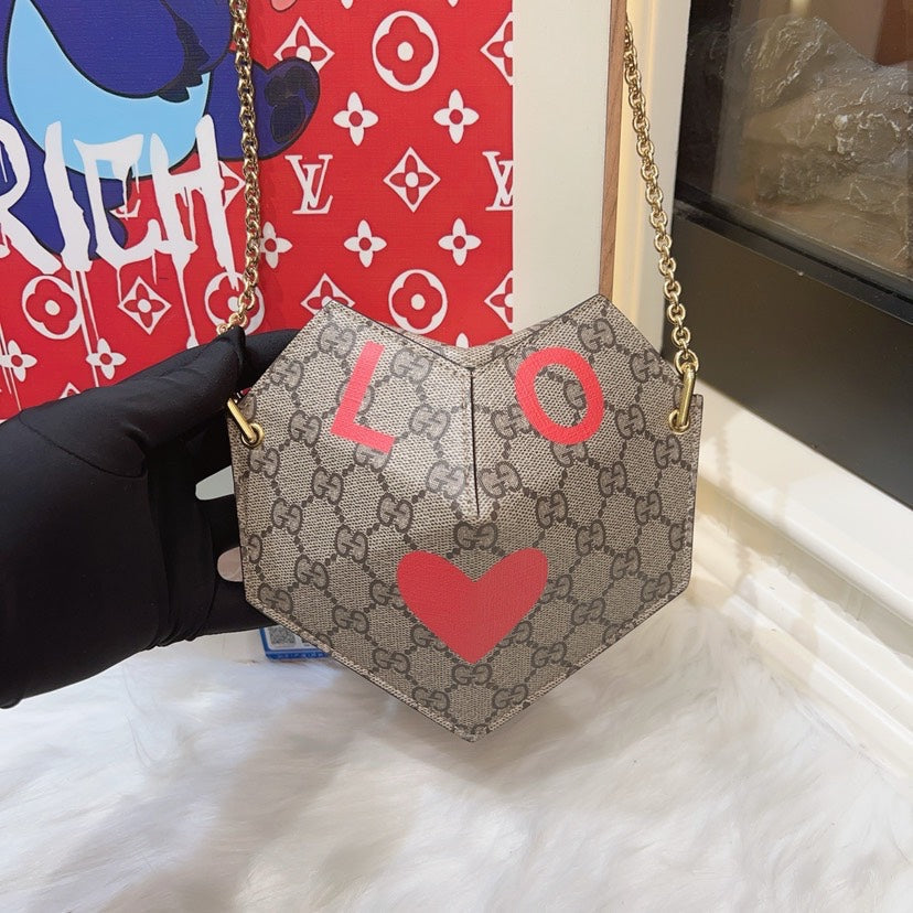 Gucci GG Heart Chain Crossbody Bag Beige Monogram Canvas