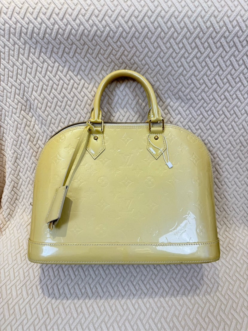 Louis Vuitton Alma PM Bag Yellow Patent Leather Top Handle Bag