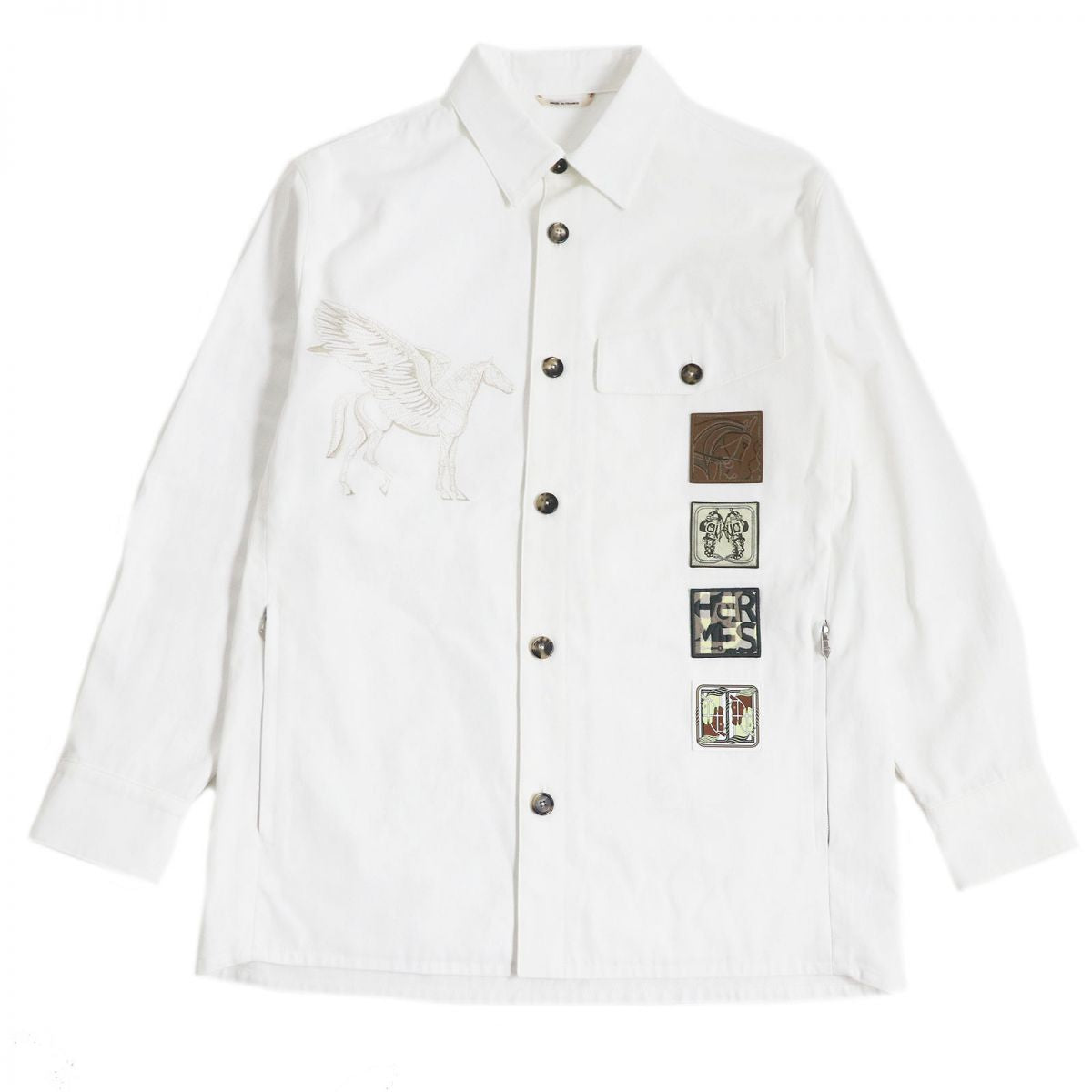 HERMES Long sleeve shirt Main: 54% rayon, Main: 46% cotton, Leather part: cowhide, Part: 100% cotton white mens 46 Used