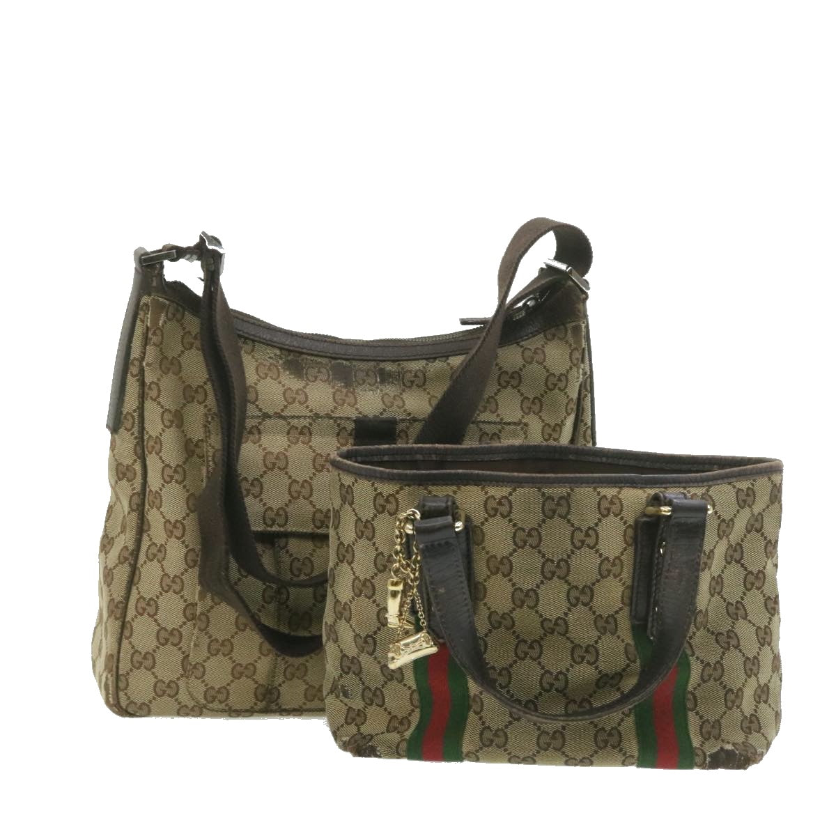 GUCCI Web Sherry Line GG Canvas Hand Shoulder Bag 2Set Beige th1038