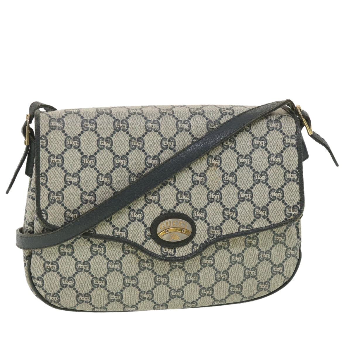 GUCCI GG Plus Canvas Shoulder Bag PVC Leather Gray Navy th3486