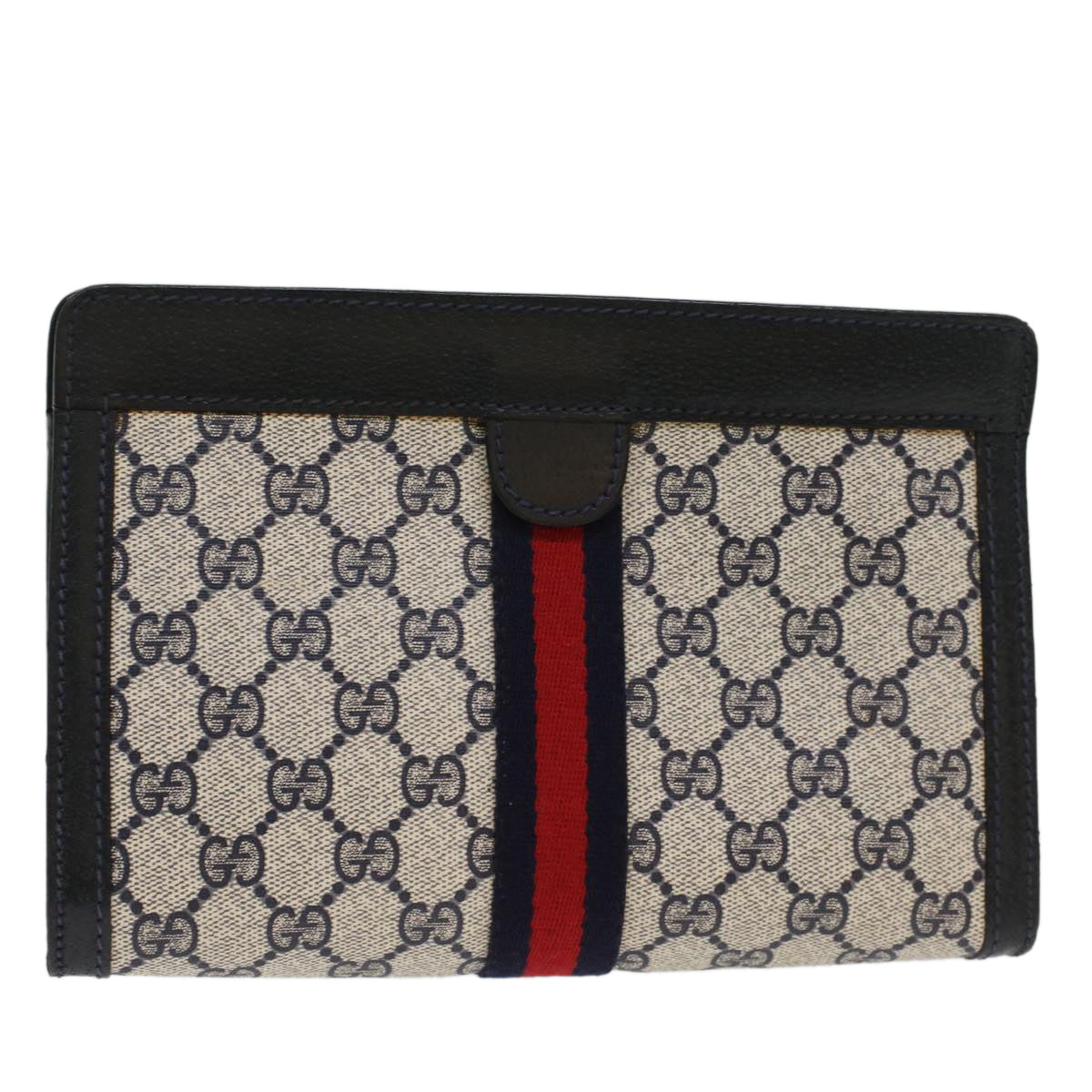 GUCCI GG Canvas Sherry Line Clutch Bag PVC Leather Gray Red Navy th3819