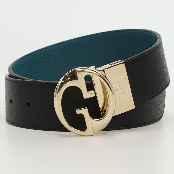 GUCCI 450000 CAO2G belt Interlocking G belt Reversible wide belt leather black.Turquoise mens