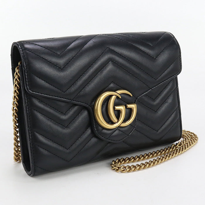 GUCCI 474575 DTD1T 1000 Long Wallet GG Marmont Flap Wallet.Chain Wallet Purse Quilted Leather black Women