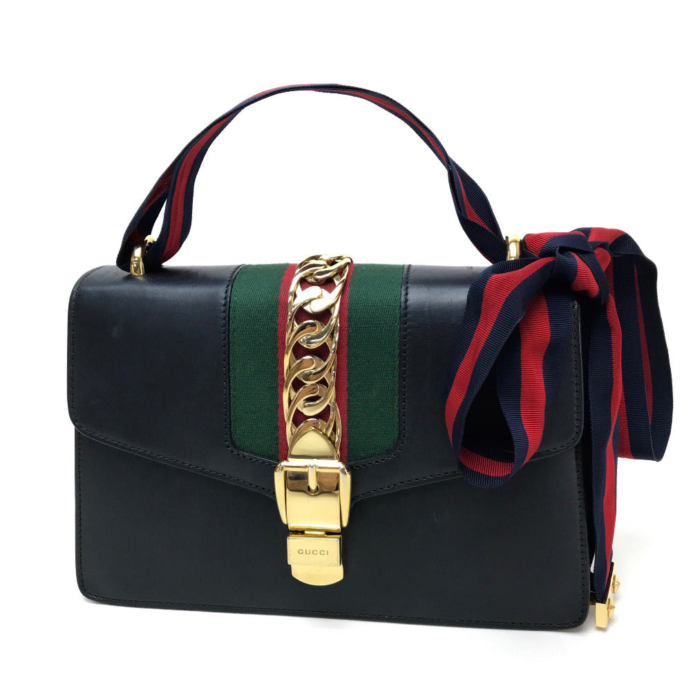 GUCCI Shoulder Bag 421882 leather black Sherry line Silvi Small Ribbon Women Used