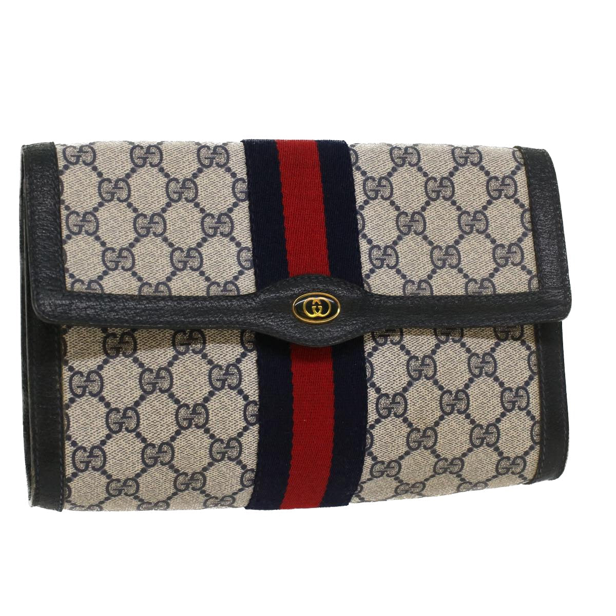 Gucci GG Canvas Sherry Line Clutch Bag PVC Leather Gray Red Navy yk7169