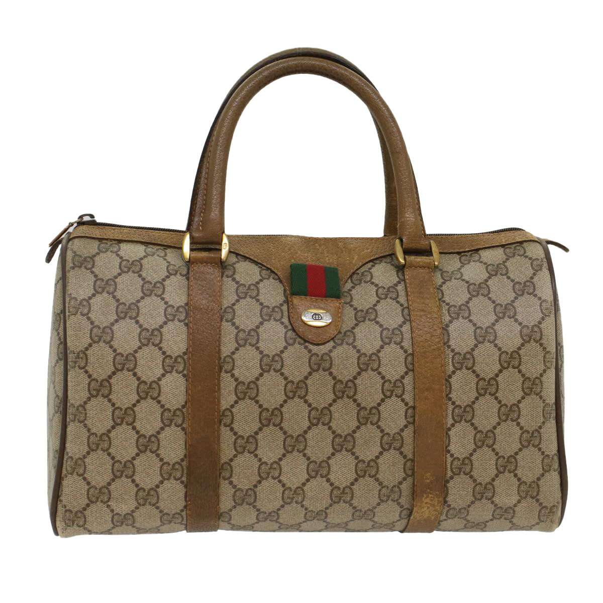 GUCCI GG Canvas Web Sherry Line Boston Bag PVC Leather Beige Green yk7856