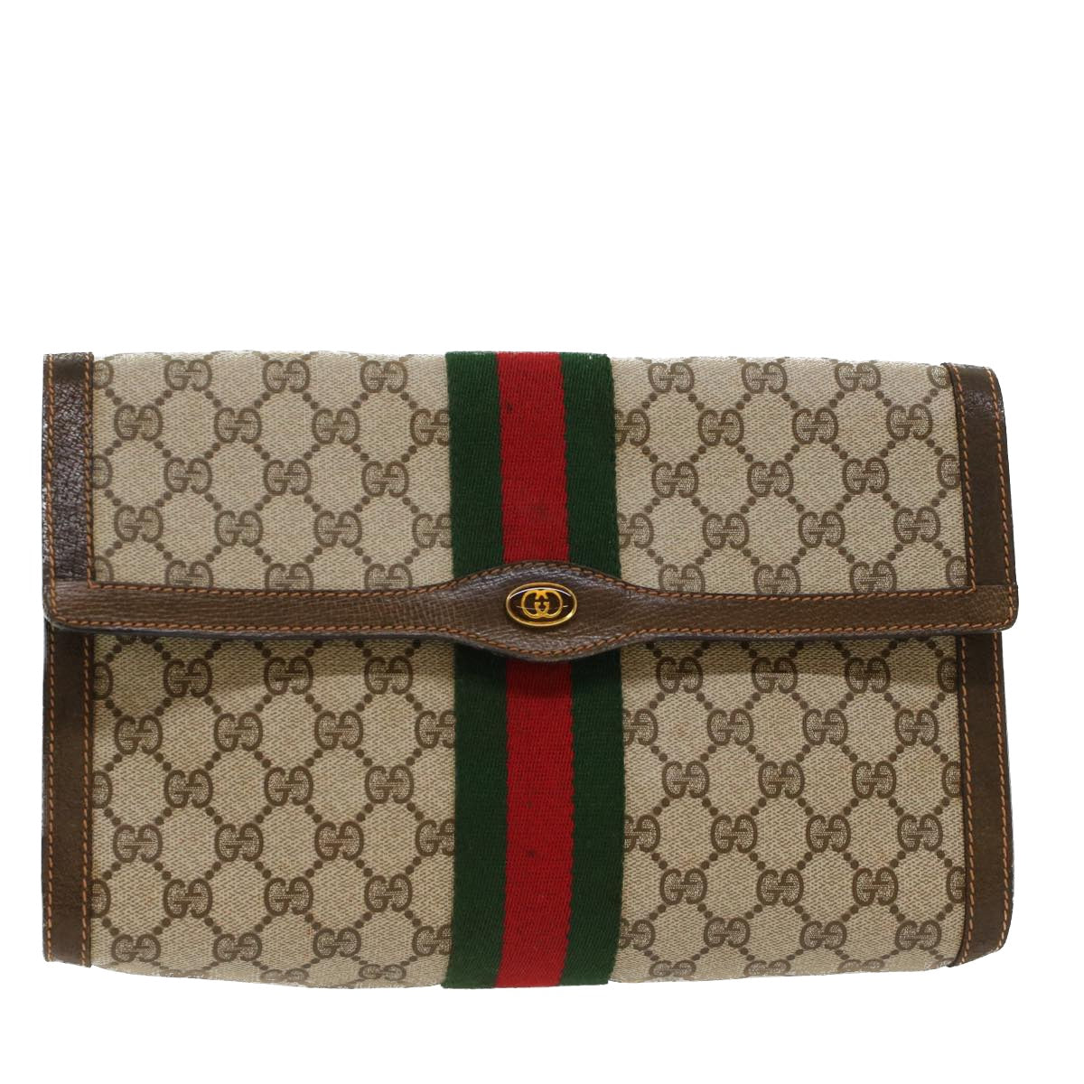 GUCCI GG Canvas Web Sherry Line Clutch Bag Beige Red Green 84.01.007 yk7987