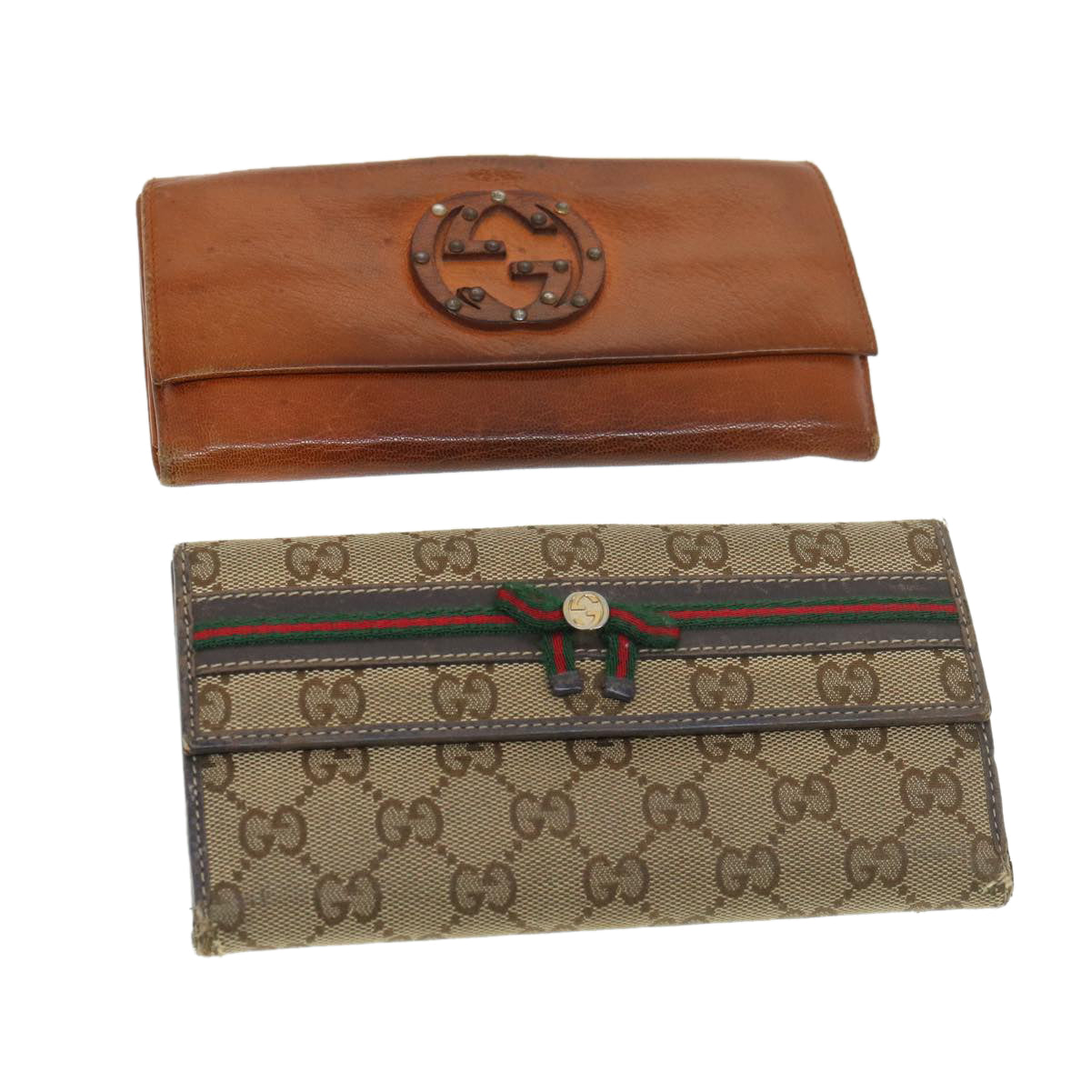 GUCCI GG Canvas Web Sherry Line Long Wallet 2Set Beige Brown Red yt976