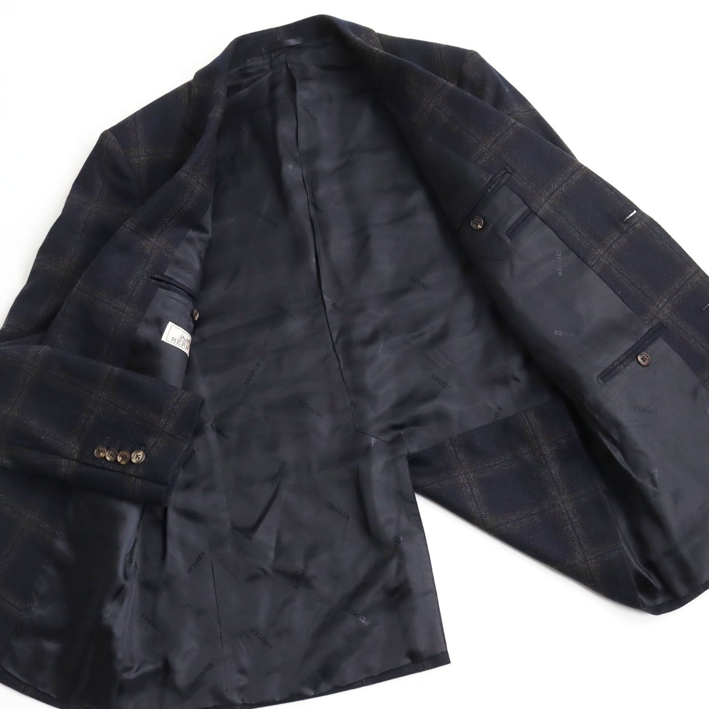 HERMES tailored jacket Outer: 100% cashmere, Lining: 100% cupra Navy brown mens 48 Used