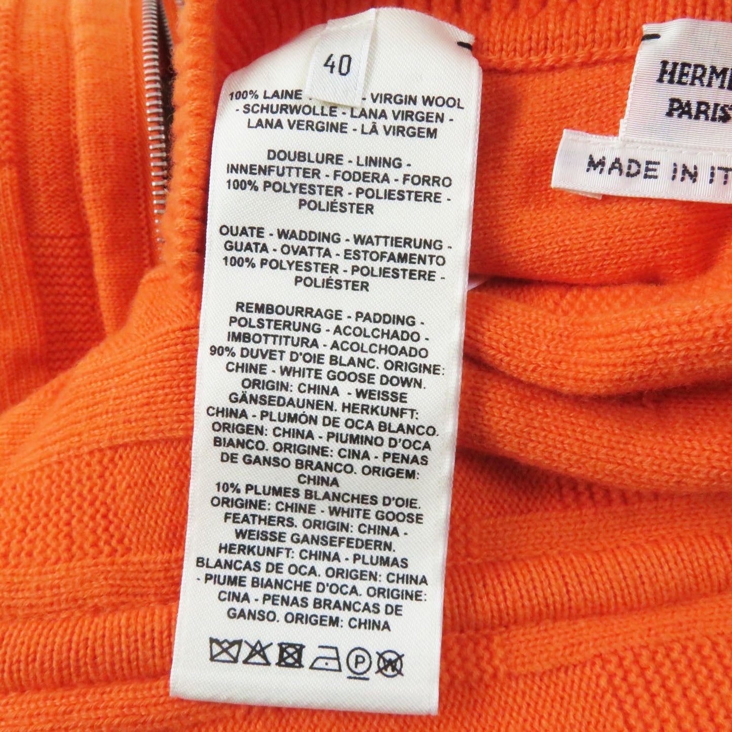 HERMES Down jacket Outer: 100% wool, Filling: 90% down, Filling: 10% feather, Lining: 100% polyester Orange Women 40 Used