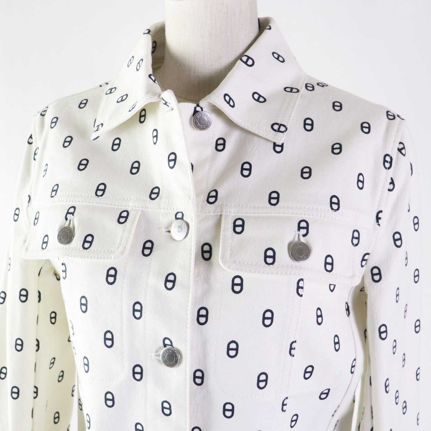 HERMES Denim Jacket 3E0231D5 Outer material: 98% cotton, Outer material: 2% polyurethane, Lining: 100% cotton, Leather part: Cowhide White navy Women 38 Used