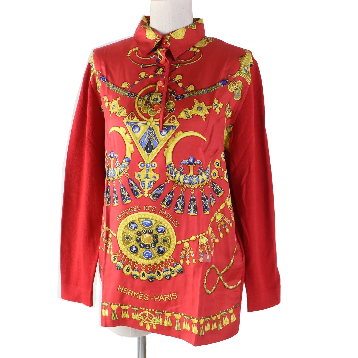 HERMES Long sleeve shirt silk Red type Parures Des Sables Desert Accessories S