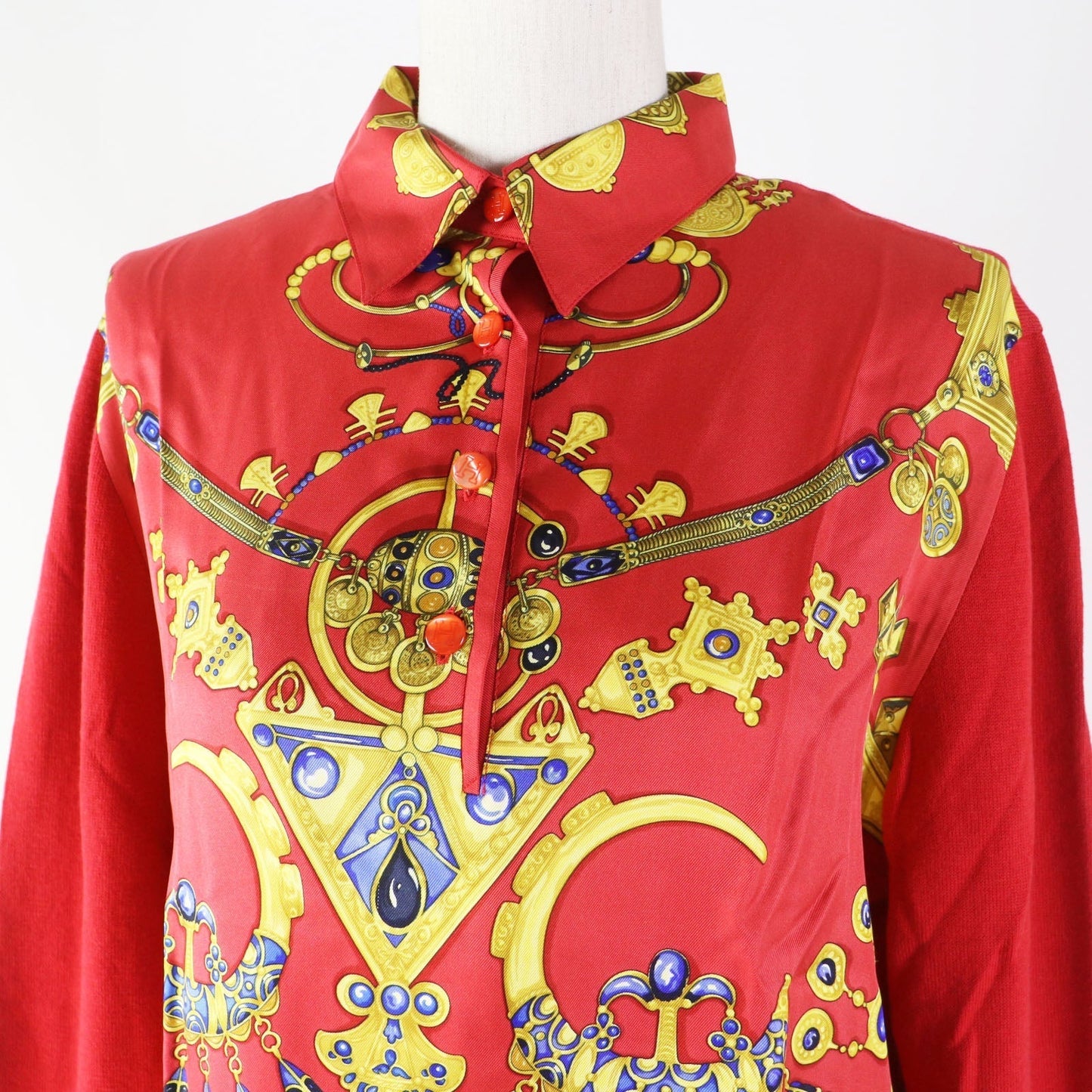 HERMES Long sleeve shirt silk Red type Parures Des Sables Desert Accessories S