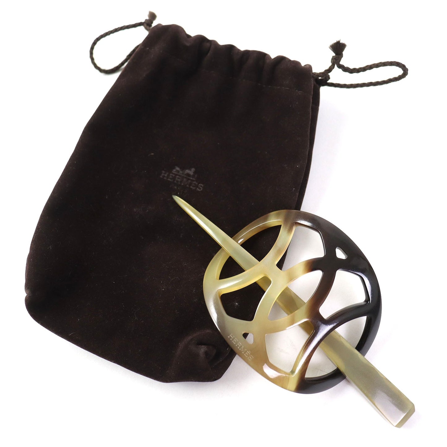 HERMES hair accessory Buffalo horn Beige brown Rocaille