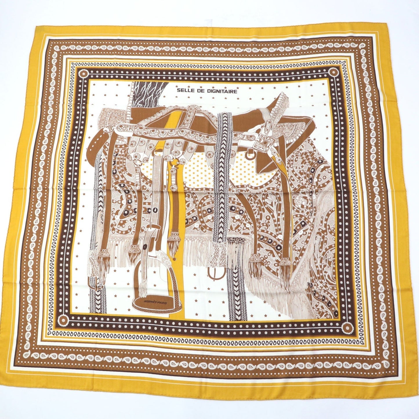 HERMES scarf cashmere Yellow brown Carre140 SELLE DE DIGNITAIRE Saddle of the Dignitary