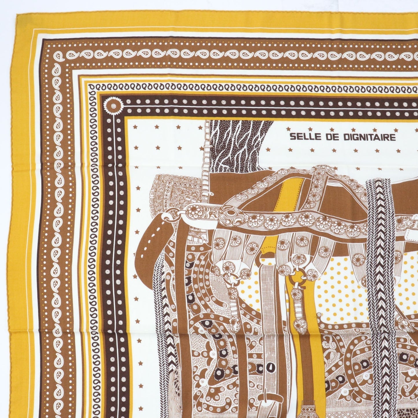 HERMES scarf cashmere Yellow brown Carre140 SELLE DE DIGNITAIRE Saddle of the Dignitary