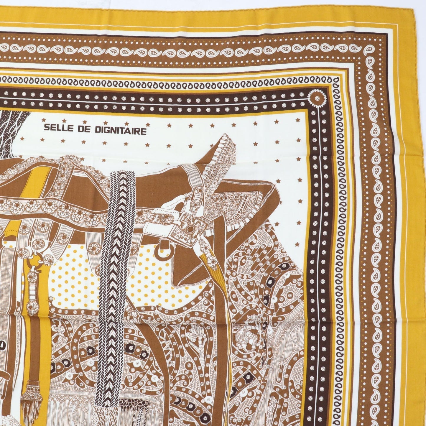 HERMES scarf cashmere Yellow brown Carre140 SELLE DE DIGNITAIRE Saddle of the Dignitary