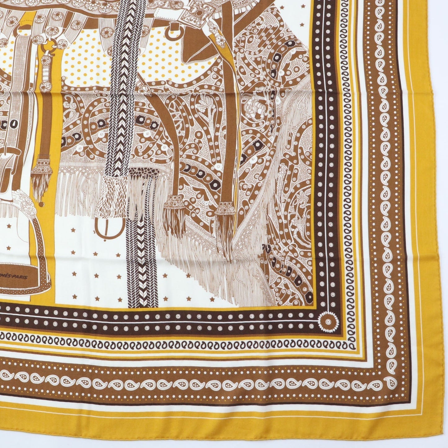 HERMES scarf cashmere Yellow brown Carre140 SELLE DE DIGNITAIRE Saddle of the Dignitary