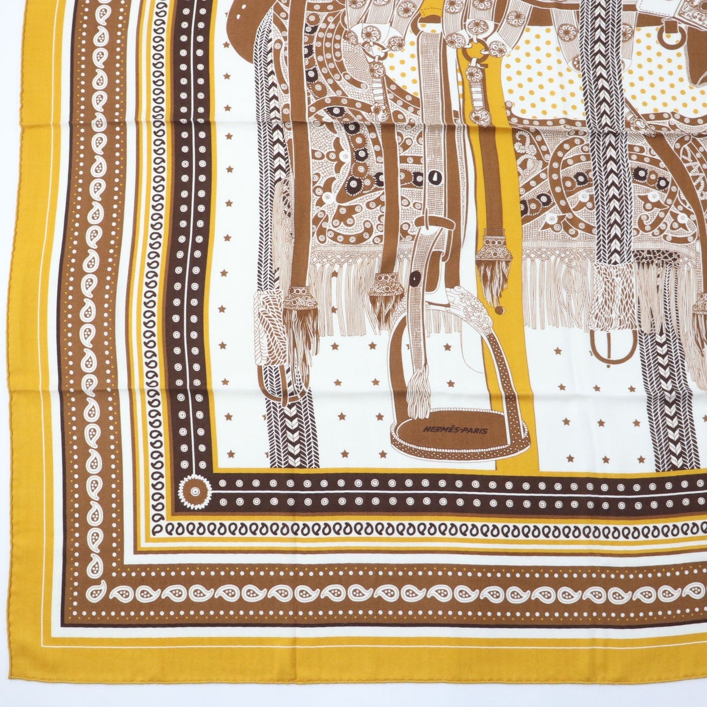 HERMES scarf cashmere Yellow brown Carre140 SELLE DE DIGNITAIRE Saddle of the Dignitary