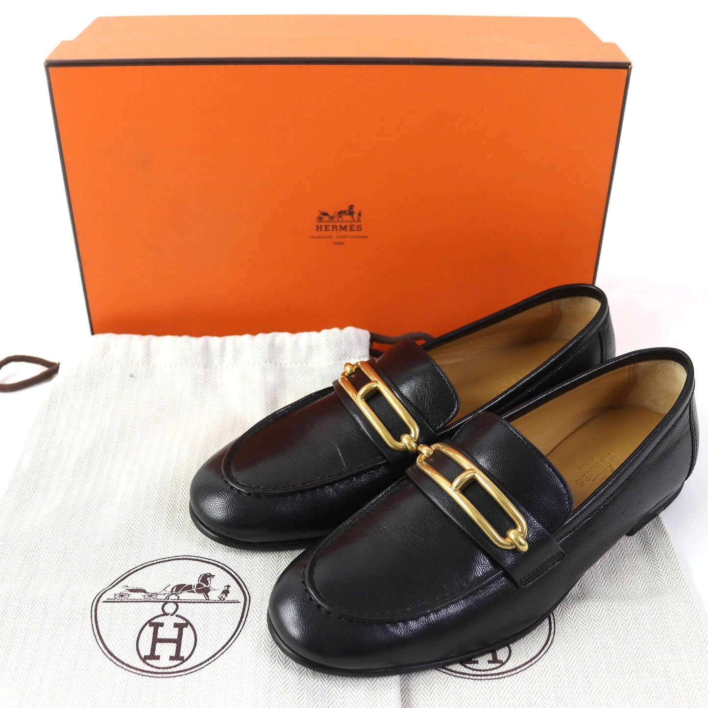 HERMES Moccasin 231086Z leather black 35.5