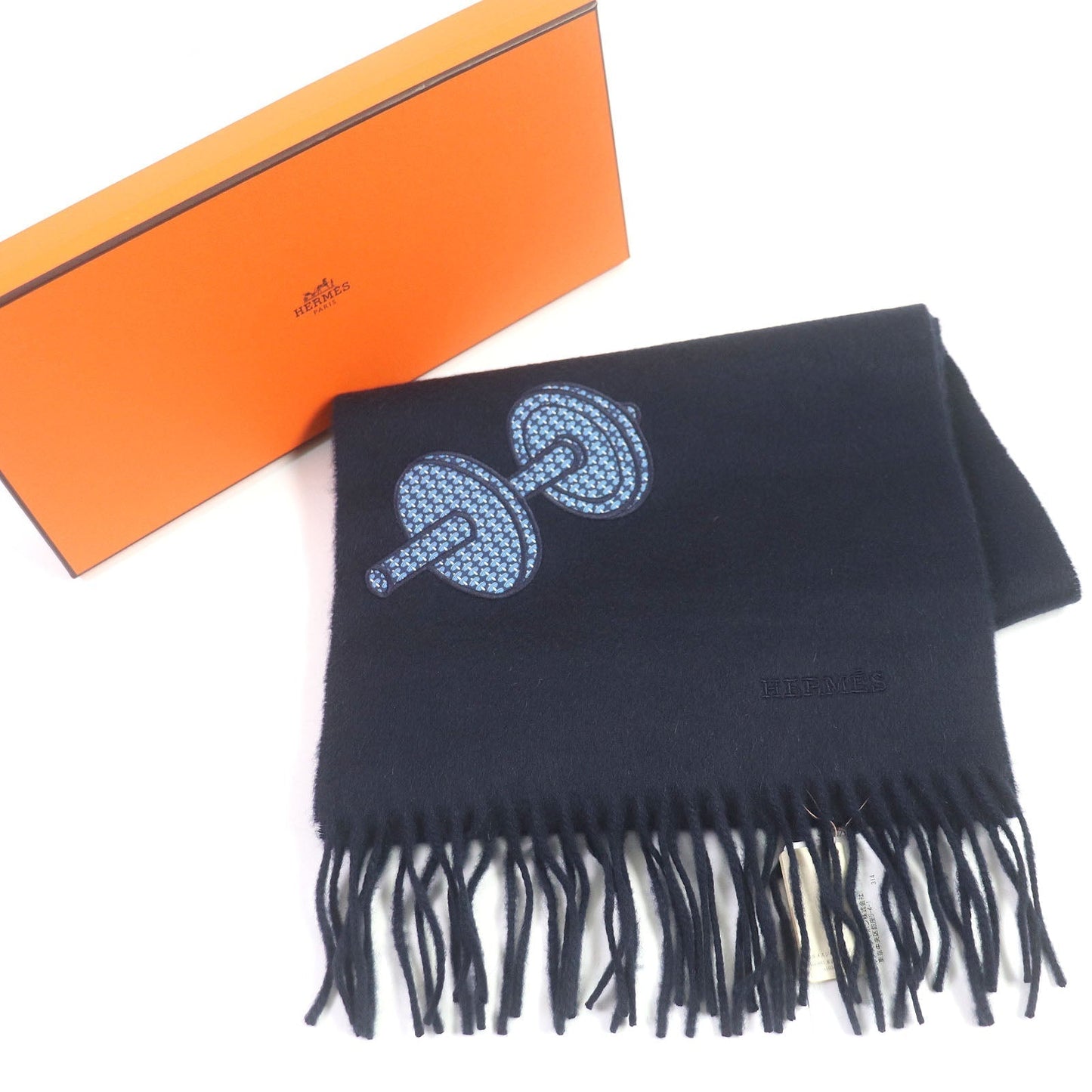 HERMES Scarf Main: 100% cashmere, Part: 100% silk Dark navy mens Used