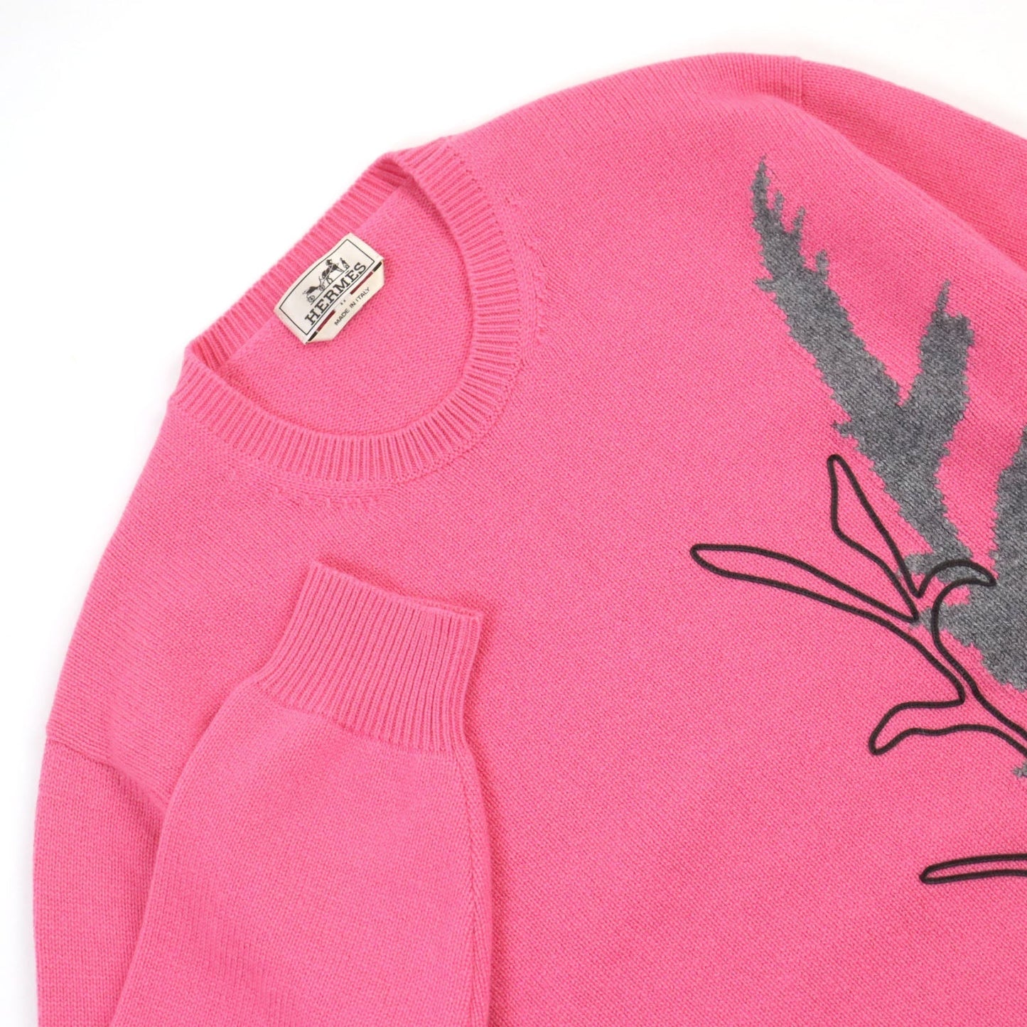HERMES knit cashmere Pink type Herbarium Pattern Herbier et ruban cuir M