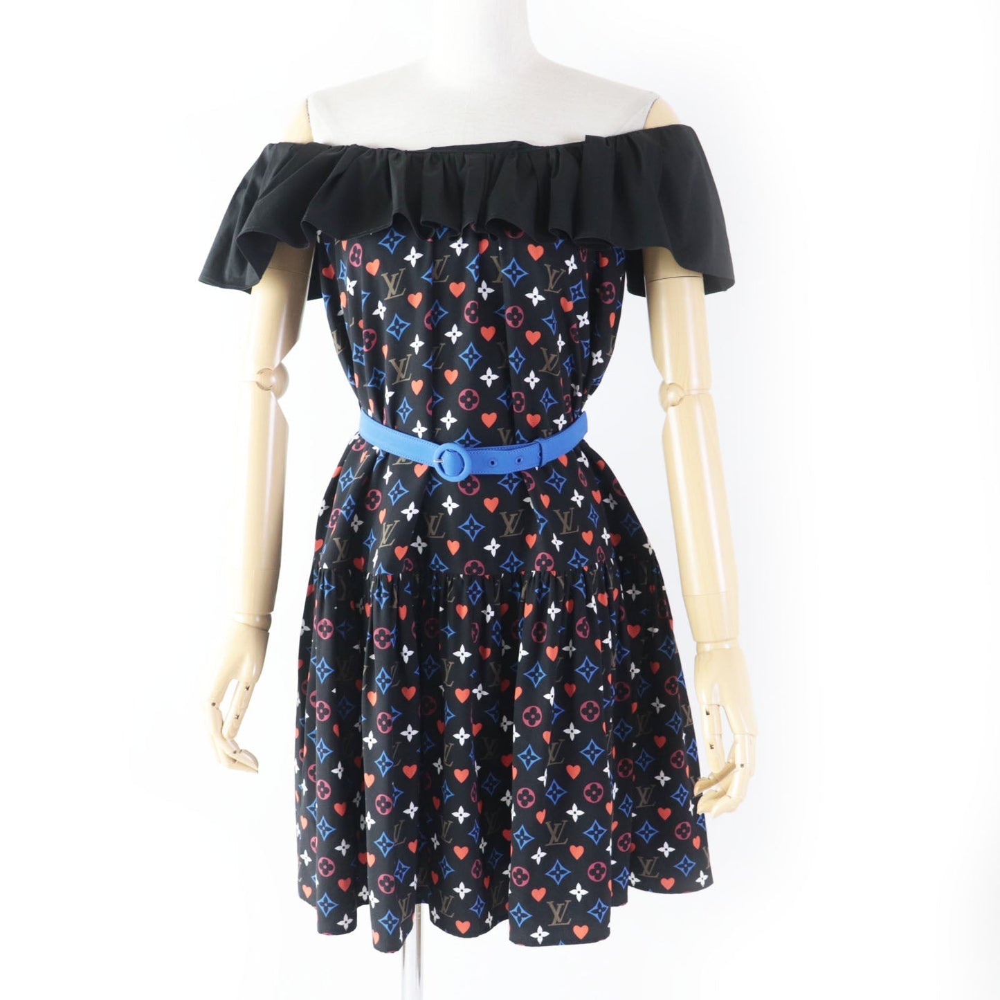 LOUIS VUITTON dress FKＤR51 silk black multi Game On Ruffle Scoop Neck Babydoll Dress 36