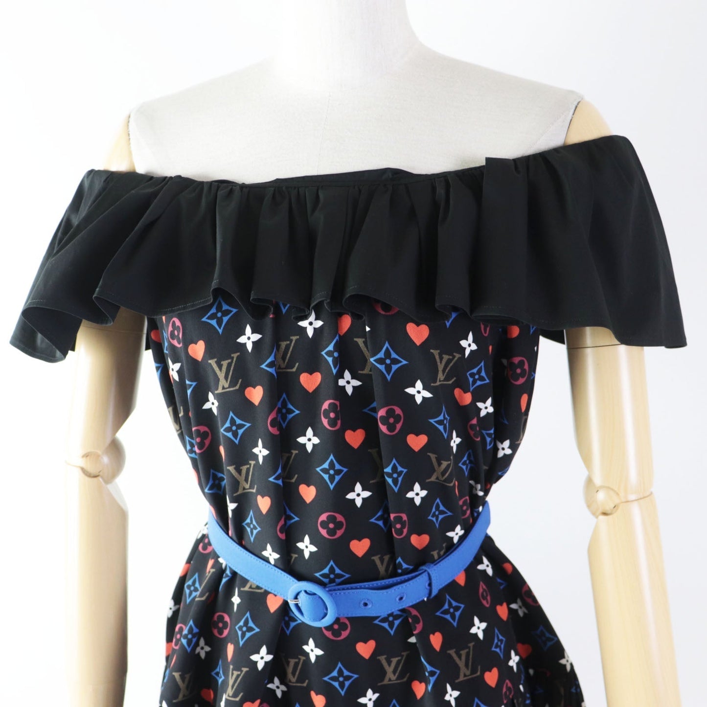 LOUIS VUITTON dress FKＤR51 silk black multi Game On Ruffle Scoop Neck Babydoll Dress 36