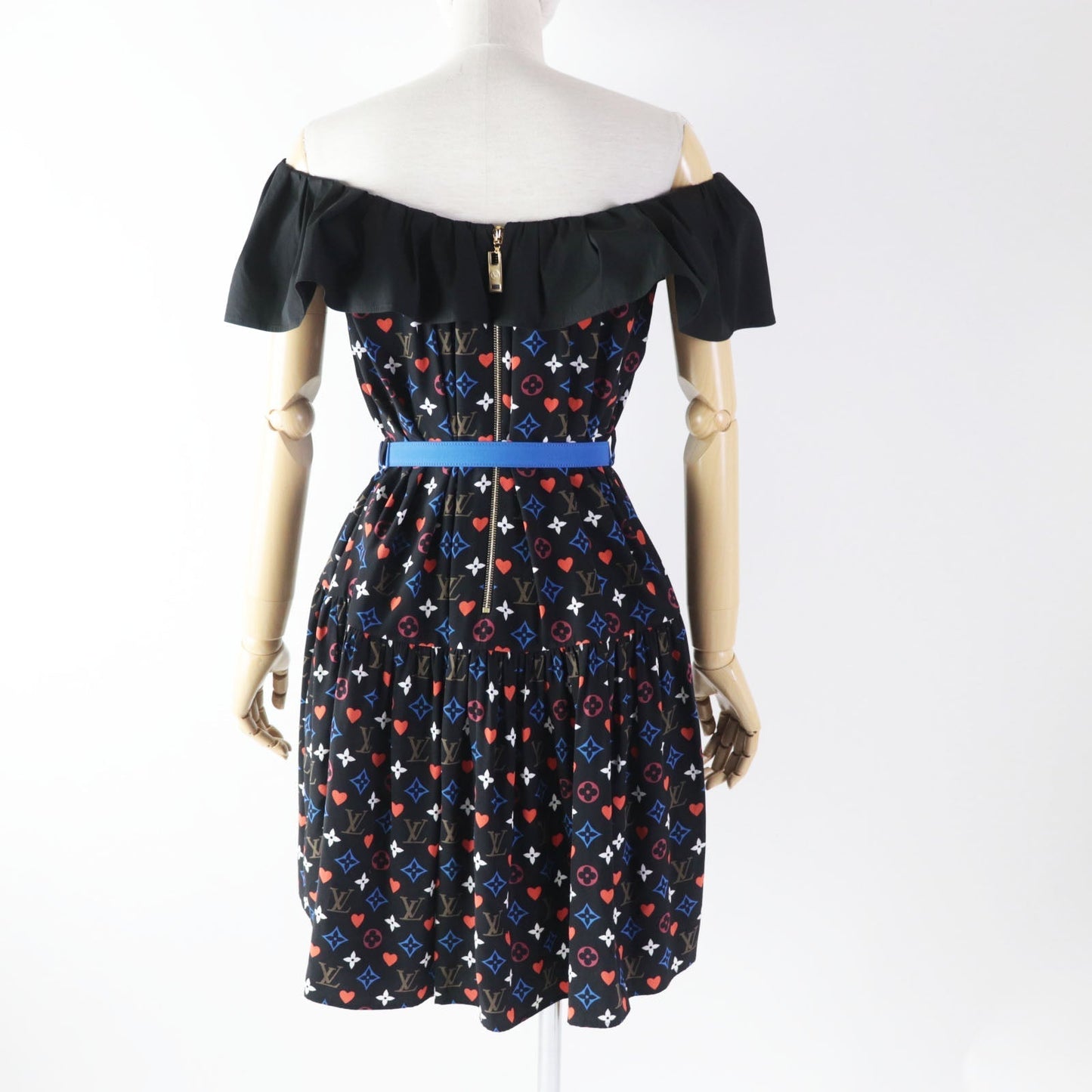 LOUIS VUITTON dress FKＤR51 silk black multi Game On Ruffle Scoop Neck Babydoll Dress 36