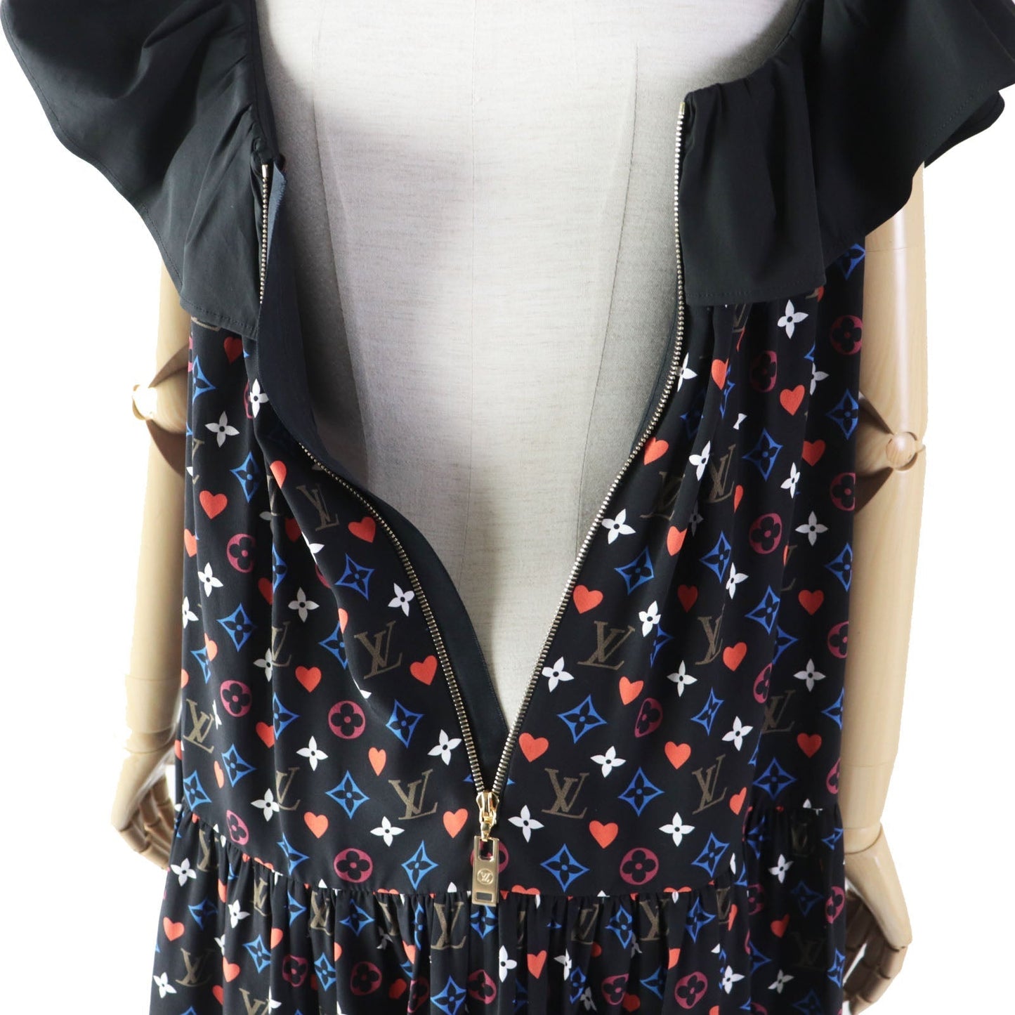 LOUIS VUITTON dress FKＤR51 silk black multi Game On Ruffle Scoop Neck Babydoll Dress 36