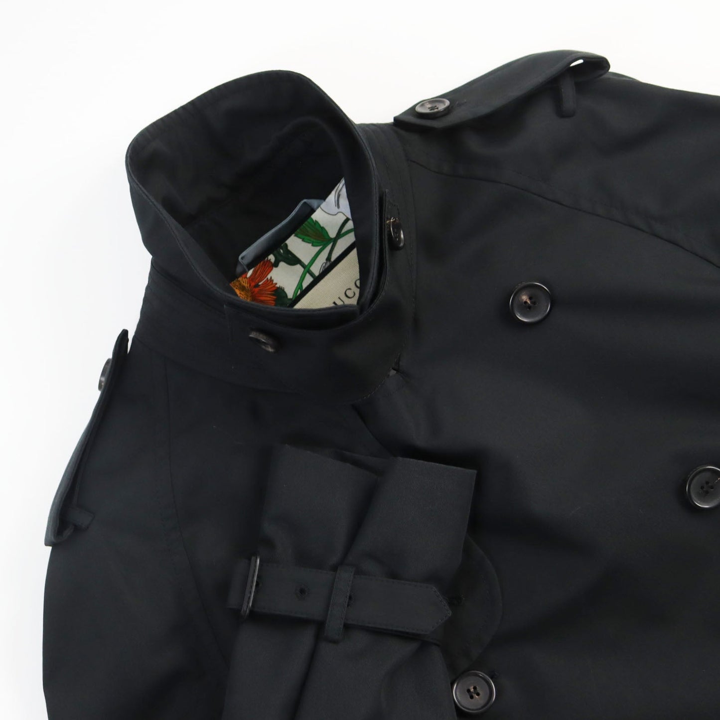 GUCCI trench coat 572881 Outer: 67% cotton, Outer: 33% polyamide (nylon), Part: 100% leather, Lining: 68% rayon, Lining: 32% silk, Lining: 100% silk black mens 42 Used