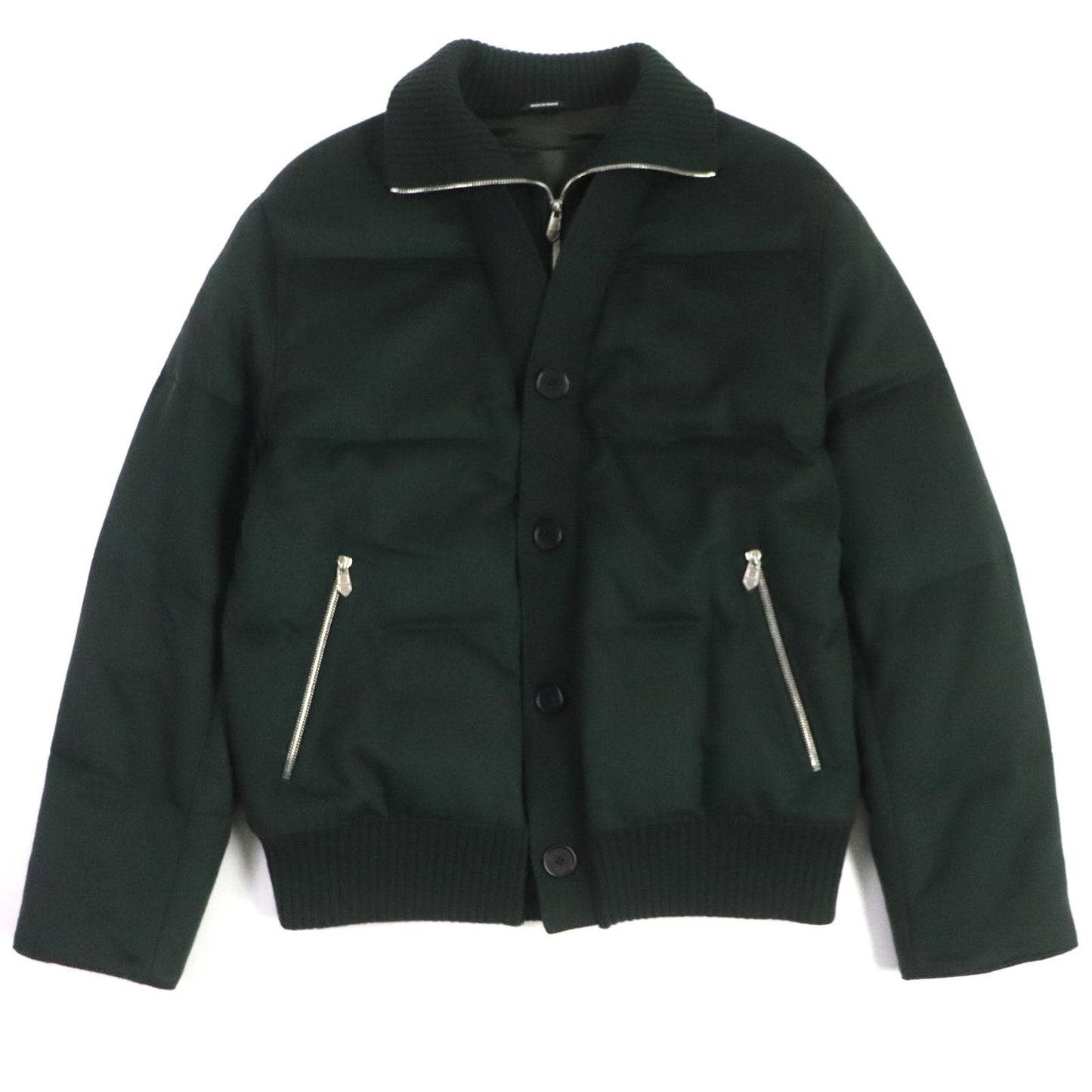 HERMES Down jacket Main: 100% cashmere, Lining: 100% cupra, Filling: 90% down, Filling: 10% feather, Knitted part: 66% wool, 28% cashmere, 5% nylon, 1% polyurethane green mens 46 Used