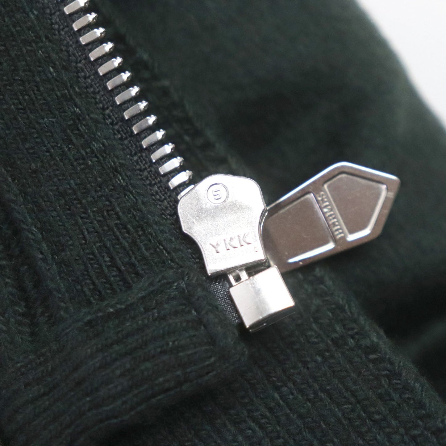 HERMES Down jacket Main: 100% cashmere, Lining: 100% cupra, Filling: 90% down, Filling: 10% feather, Knitted part: 66% wool, 28% cashmere, 5% nylon, 1% polyurethane green mens 46 Used