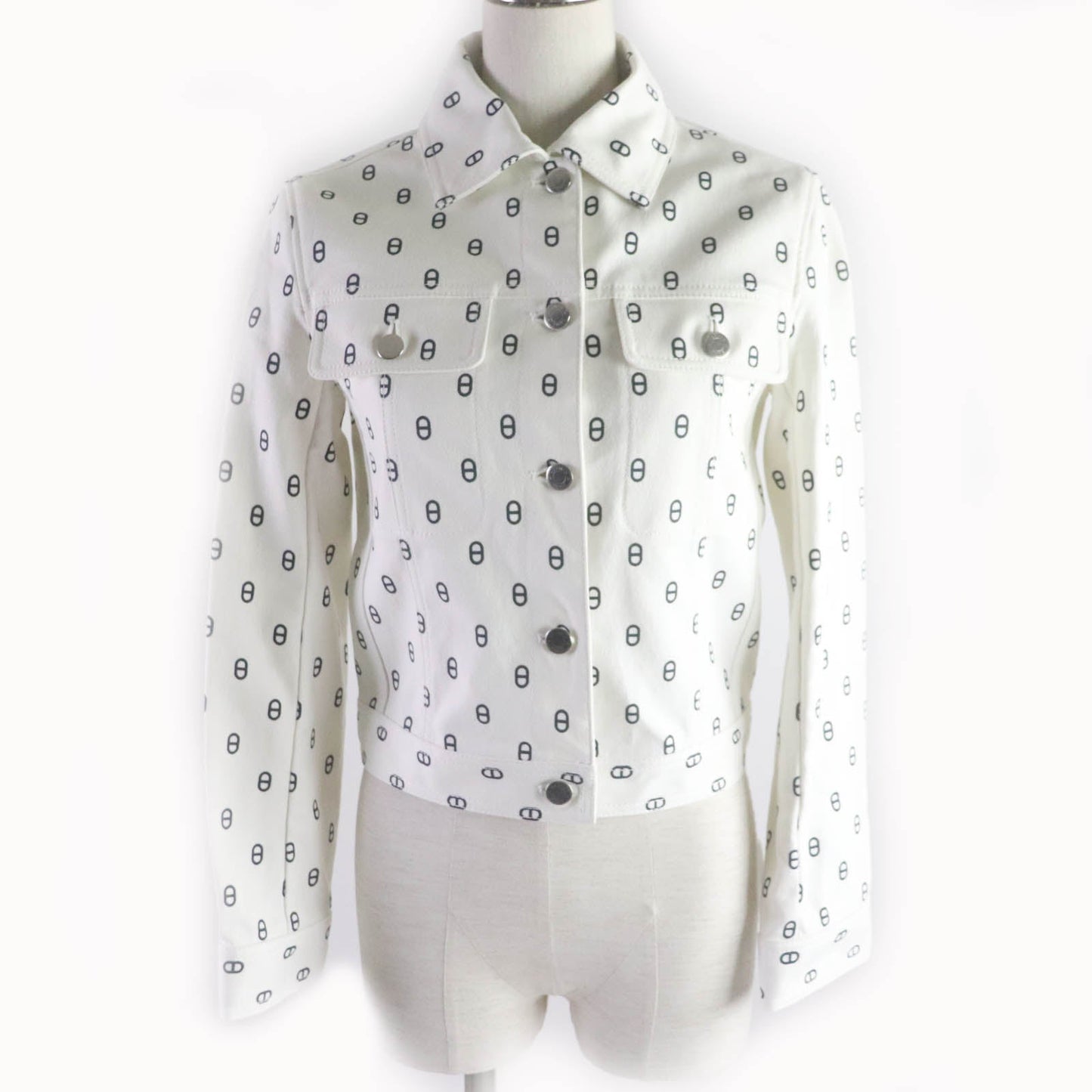 HERMES Denim Jacket Outer: 98% cotton, Outer: 2% polyurethane, Part: leather, Lining: 100% cotton White navy Women 40 Used