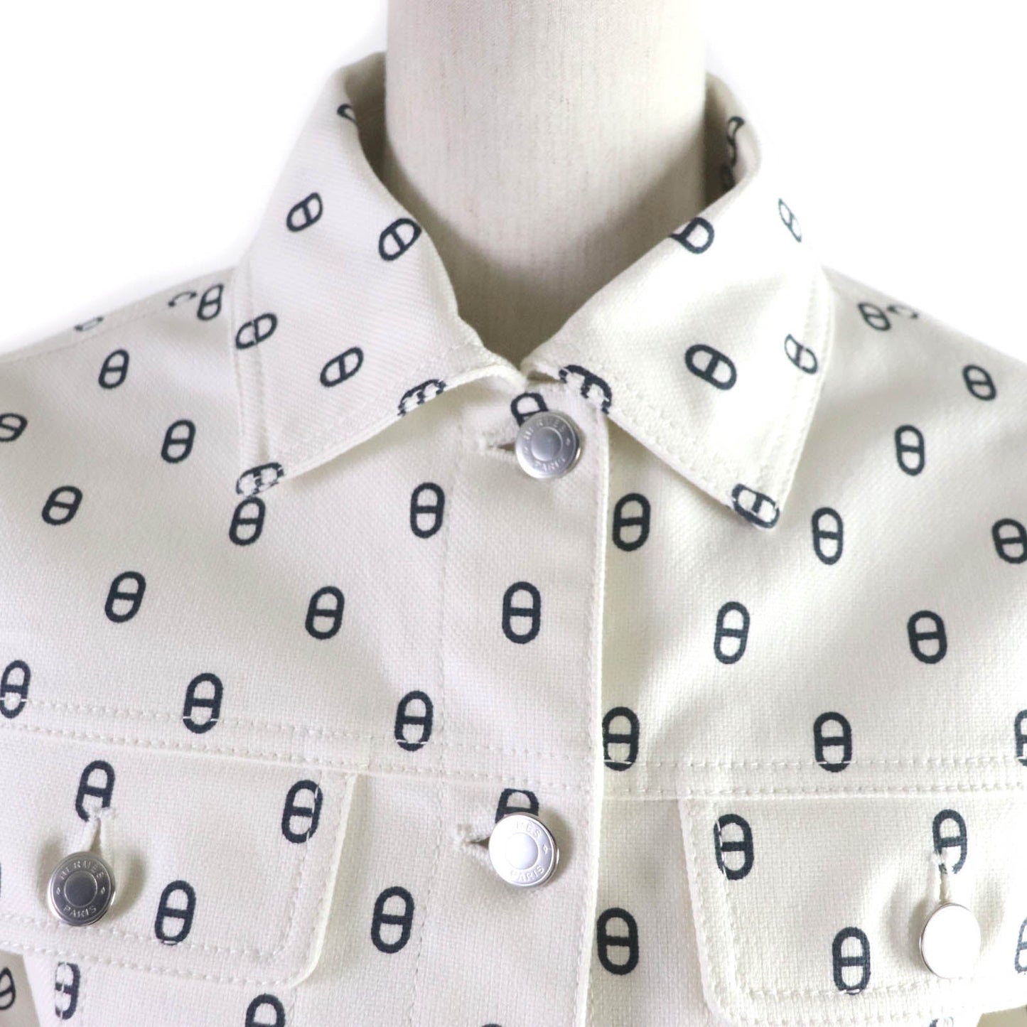 HERMES Denim Jacket Outer: 98% cotton, Outer: 2% polyurethane, Part: leather, Lining: 100% cotton White navy Women 40 Used