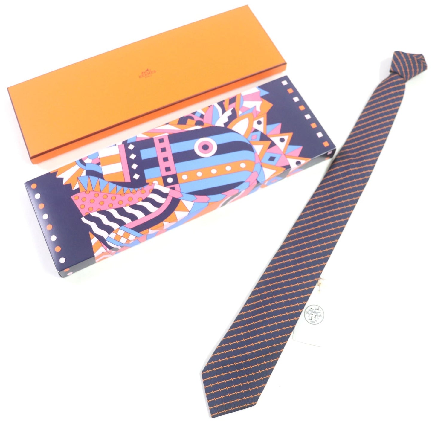 HERMES tie 339329 silk Blue orange DOUBLURE H QUADRIGE