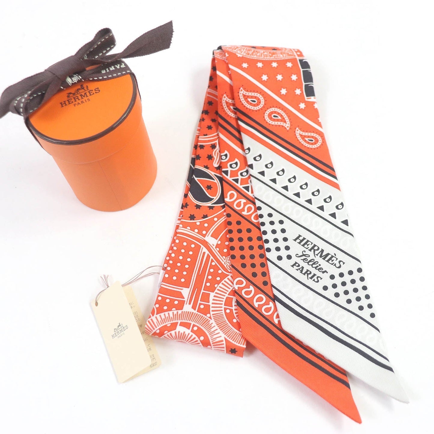 HERMES scarf H062978S silk Vermilion/Gris Perle/White Twilly