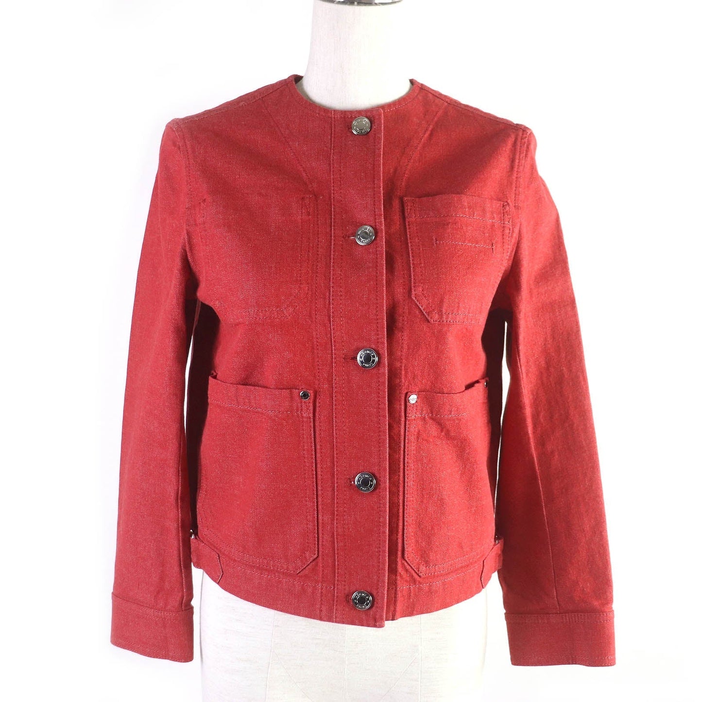 HERMES Denim Jacket Outer: 98% cotton, Outer: 2% polyurethane, Lining: 64% cotton, Lining: 33% rayon, Lining: 3% polyurethane, Leather: Cowhide Red Women 34 Used