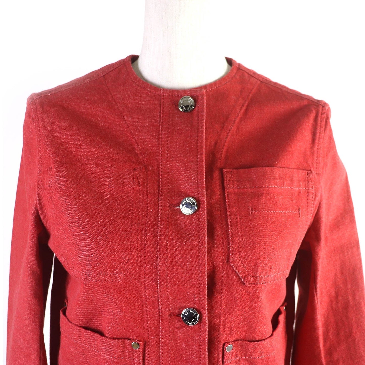 HERMES Denim Jacket Outer: 98% cotton, Outer: 2% polyurethane, Lining: 64% cotton, Lining: 33% rayon, Lining: 3% polyurethane, Leather: Cowhide Red Women 34 Used