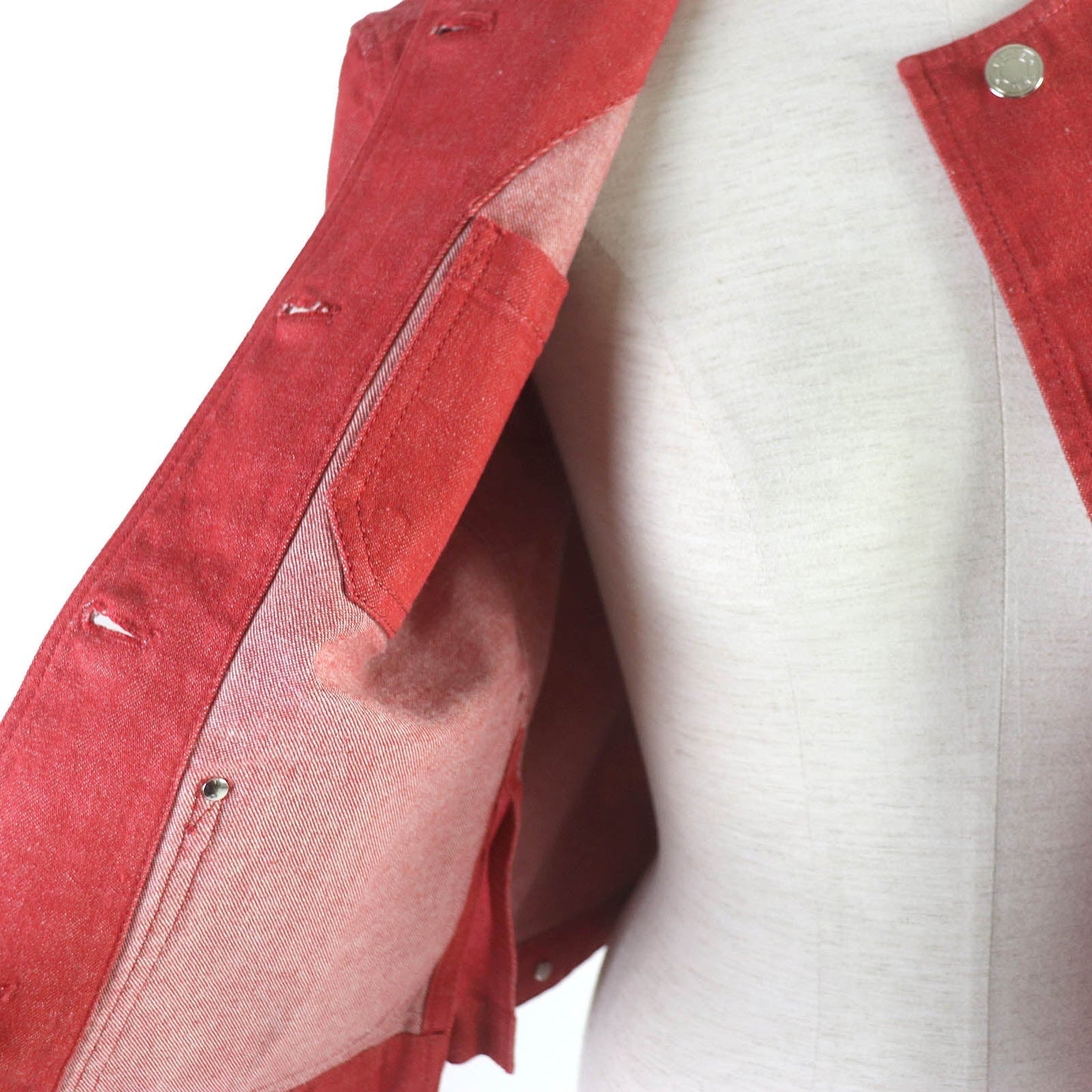 HERMES Denim Jacket Outer: 98% cotton, Outer: 2% polyurethane, Lining: 64% cotton, Lining: 33% rayon, Lining: 3% polyurethane, Leather: Cowhide Red Women 34 Used